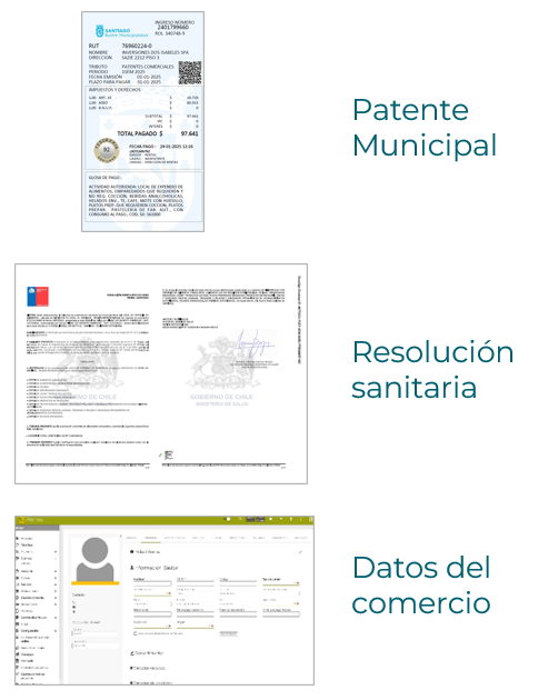 Documentos utilizados en el alza de clientes. Incluye una patente municipal, resolución sanitaria y datos del comercio.