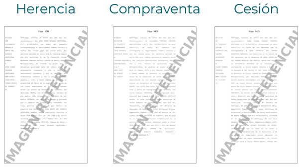 Tres documentos de referencia usados en tasaciones, etiquetados herencia, compraventa y cesión de izquierda a derecha.