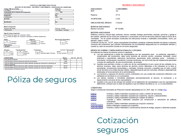 Dos documentos utilizados en revisiones de condicionados de pólizas. Se muestra una póliza de seguros y una cotización de seguros.